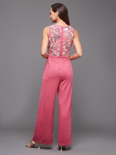 Image of Miss Chase Women's Halter Neck Sleeveless Solid Wide Leg Sequin Paneled Regular Length Jumpsuit