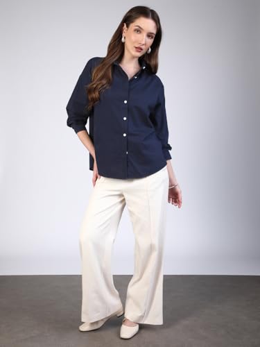 Image of Urbano Fashion Women's Cotton Full Sleeve Oversized Fit Casual Solid Slub Shirt with Spread Collar