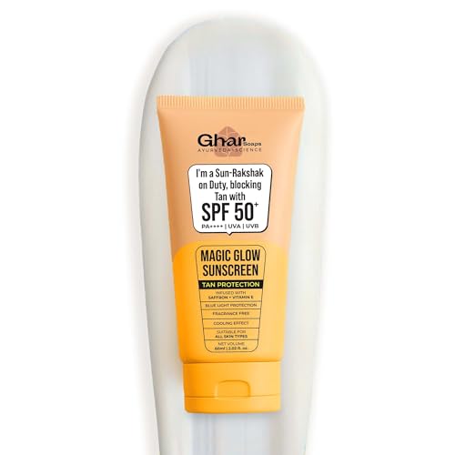 Image of Ghar Soaps Magic Glow SPF 50+ PA++++ Mineral Sunscreen | UVA /UVB & Blue Light Protection | No White Cast, Non-Greasy (60g, Pack of 1)