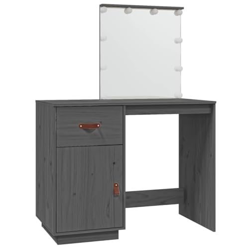 vidaXL Mesa tocador con LED Madera Maciza de Pino Gris 95x50x133,5 cm
