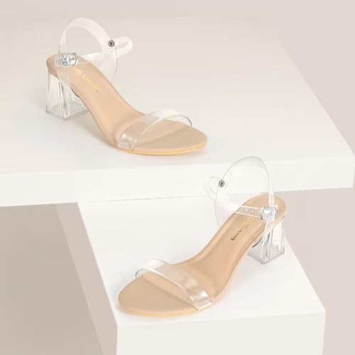 Image of Women's Clear Chunky Block Nude Clear Heeled Sandals 2.56 Inches Open Toe Ankle Strap Block High Heel Sandal Dress Dancing Sandals Daily Work Party Shoes Nude Clear Size 9