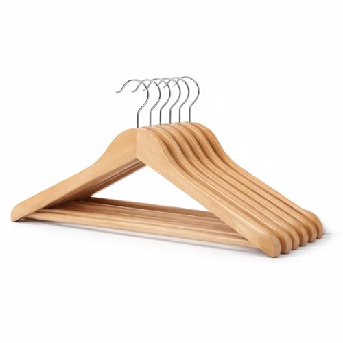 Image of Amazon Basics Wooden Hangers - Broad Shoulder, Natural Wooden Color, Glossy Finish, Pant Bar, 360 Hook, 5kg Capacity, Pack of 6 (Size: 44.5L x 23H x 5.5W cm)
