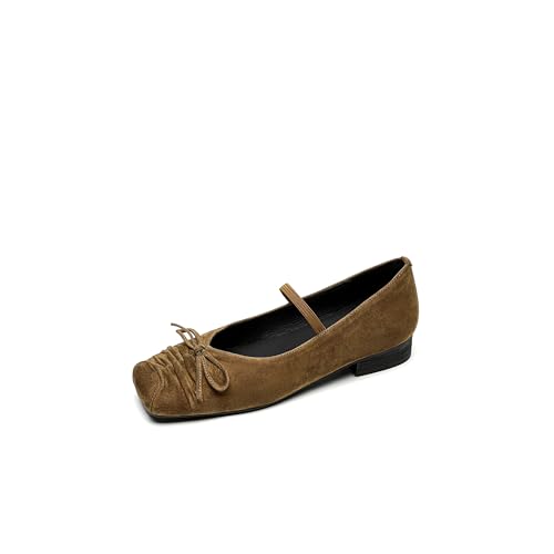 Ballet Flats Shoes for Women Suede Closed Square Toe Low Heel Bow Strap Mary Jane Shoes Ballerina Casual Comfortable Flats