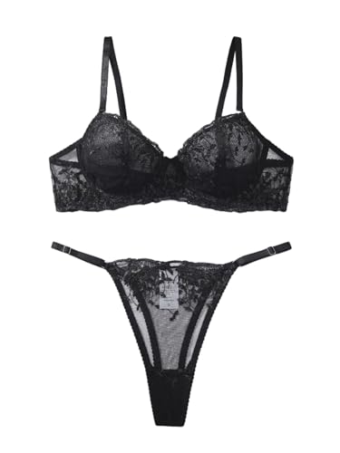 Image of Sexy Floral Embroidered Flower Mesh Underwire Push Up Lingerie Set