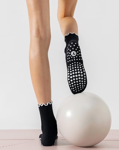 Image of Yawlsow Cute Pilates Grip Socks for Women Ruffle Frilly Yoga Socks Non Slip Cotton Crew Grippy Sock for Barre Workout