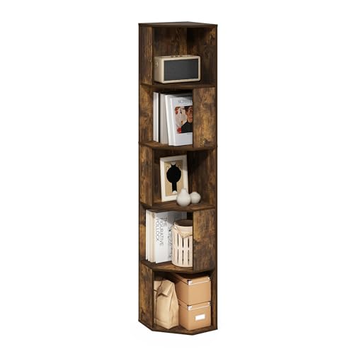 Image of Furinno ECON Corner Shelf, 5-Tier Corner Book Shelf, Standing Storage Shelves, Cube Display Rack, Bookshelf, for Organization and Storage, Living Room, Home Office, Amber Oak
