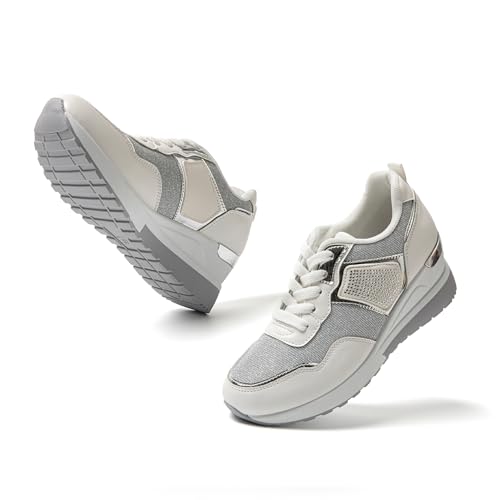 JOMIX Zapatillas Deportivas Mujer Cuña Plataforma Brillantes Casual Caminata Jogging Fitness MD9792 2, Blanco, 39 EU