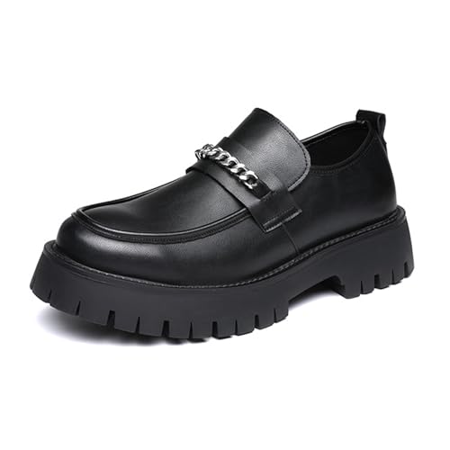 Men's Leather Chain Round Toe Chunky Heel Platform Loafers,Fashion Comfortable Slip On Lug Sole Business Dress Shoes