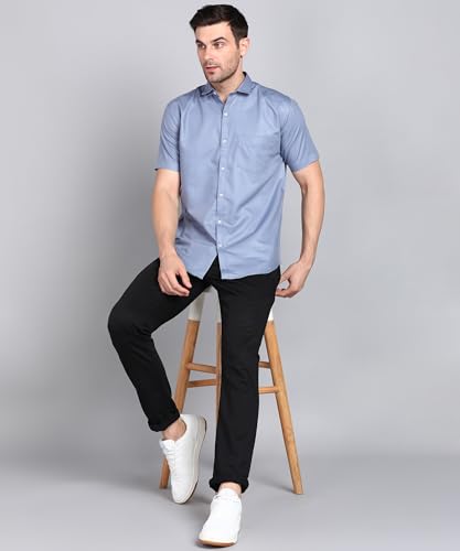 Image of MILDIN Men's Cotton Blend Solid Shirt with Spread Collared Half Sleeve Curved Hemline Button Closure Regular Fit and One Pocket | Half Sleeve Shirt for Men