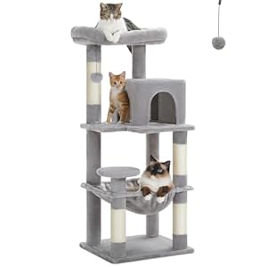 PETEPELA 45.7″ Cat Tree for Indoor Cats, 5-Level Cat Tower for Large Cats with Metal Frame Large Hammock (17.3″x15.3″), Cat Condo with (18.5″x13″) Big Top Perch & 4 Sisal Covered Scratching Post Grey