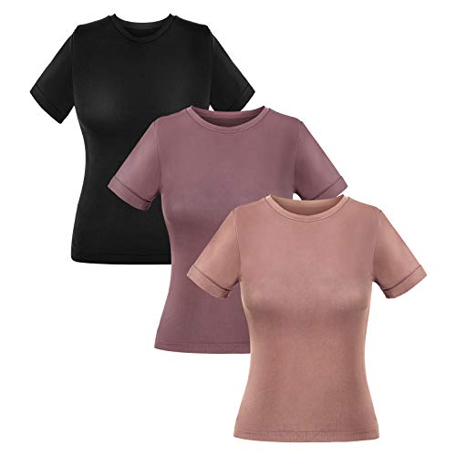 Combrwean Workout Running Athletic Tshirts for Women - Short Sleeve Yoga Tops Activewear Exercise Gym Shirts 3 Pack L