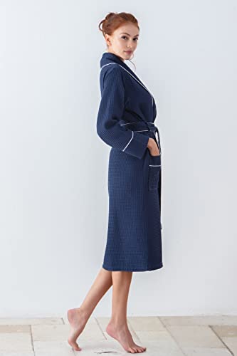 Seyante Women’s Luxury Waffle Shawl Collar, Hooded Robe W Piping – Lightweight, Long, Ultra Soft Spa Sleepwear Bathrobe (Large, Navy Blue) #TOP2