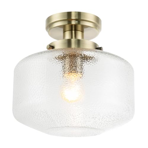 Happy Homewares Designer Brushed Antique Brass Semi Flush Ceiling Light with Dimpled Clear Glass Shade | 1 x 11w E27 | 24cm x 25cm