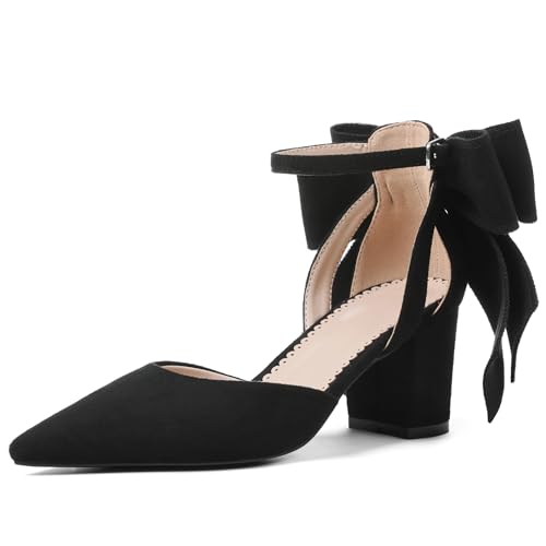 Yremael Women's Black Pointed Toe Pumps Bow Ankle Strap Chunky High...
