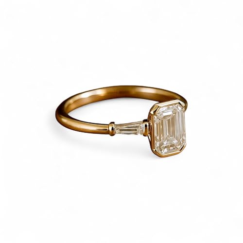 2 CT Emerald Cut Moissanite Engagement Ring – Three Stone Half Bezel Set Ring with Tapered Baguette Side Stones – Gold Anniversary or Wedding Ring for Her