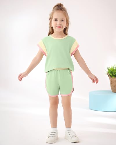 Image of SANMIO Toddler Girl Clothes Summer Girls Outfits 2 Piece Clothing Set | Color Block Short Sleeve Tops and Shorts Toddler Sweatsuit Fashion Clothing Casual Sets