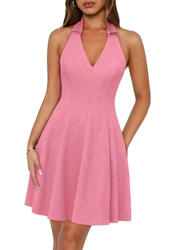 Lazysmile Summer Dresses for Women Sleeveless Halter Short Dress Dark Pink - image 1