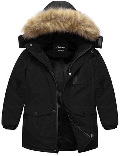 Chrisuno Boy's Med-length Parka Winter Coat Waterproof Outwear Ski Snow Jackets Thick Padded Insulated Windbreaker