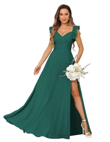A-line Pleated Chiffon Bridesmaid Dress for Women, Long V Neck Formal Evening Dress Ruffles Straps Prom Dresses