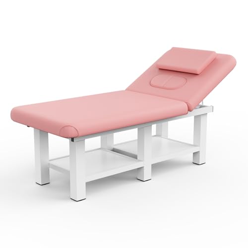 Fulocseny Long Heavy Duty Professional Stationary Massage Bed, Wide Table with Backrest for Treatment Table Physical Therapy Table Spa Facial Bed, Metal Frame PU Leather 31.5'' W 75'' L Pink