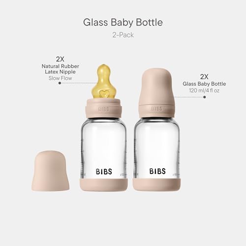 Image of BIBS Glass Baby Bottle, 120 ml, 2-Pack, Natural Rubber Nipple, Blush