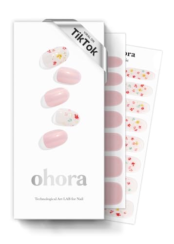Image of ohora Semi Cured Gel Nail Strips (N Flower Champagne) - Pink, Pattern, Works with Any UV /LED Lamps, Salon-Quality, Long Lasting, Easy to Apply & Remove - Includes 2 Prep Pads, Nail File & Wooden Stick