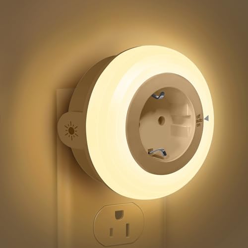 Nachtlicht Steckdose mit Dämmerungssensor & Schützen Steckdose, Warmweiß | LED Nachtlicht Kinder mit Lichtsensor, Steckdosenlampe Helligkeit Einstellbar für Flur, Treppe, Schlafzim