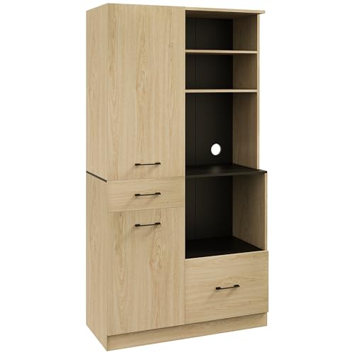 HOMCOM Alacena Moderno de Cocina con 2 Cajones, 2 Armarios y 4 Estantes Abiertos - Mueble Buffet para Comedor y Salón - 90x40x170 cm - Roble y Negro