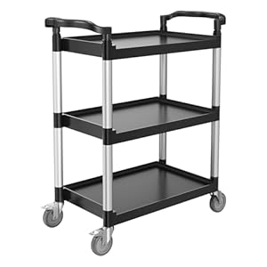 VEVOR Serveerwagen, 880 x 410 x 990 mm, kunststof trolley met 3 niveaus, met 360° draaibare wielen (2 met remmen), voor magazijn, kantoor, huis, restaurant, keuken