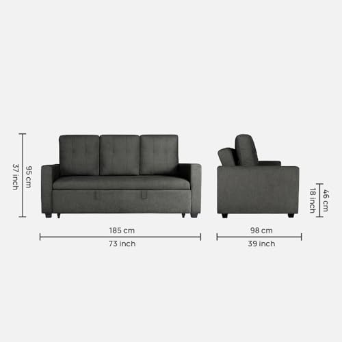 Image of Duroflex Ease - Wood 3 Seater Sofa Cum Bed with Pullout Mechanism, Graphite Grey Finish, 3-Person Sofa