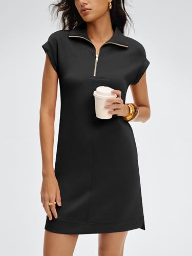 Image of ANRABESS Womens Summer Casual Half Zip Cap Sleeve Trendy Wrinkle-Free Tshirt Dress 2026 Spring Beach Vacation Short Dresses