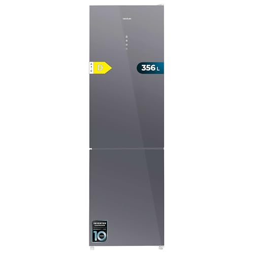 Cecotec Frigorífico Combi 2 Puertas Bolero CoolMarket Combi 356 Glass Grey D. 200 cm de Alto y 60 cm de Ancho, Motor Inverter Plus, Bajo Consumo, Total No Frost y 2 Cajones para Productos Frescos