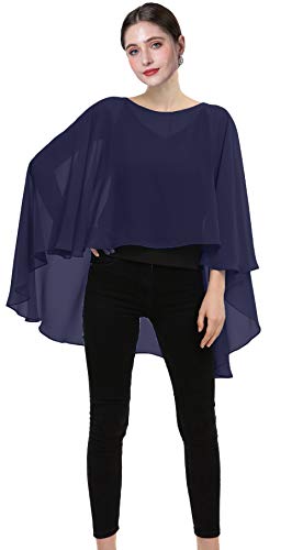 Chiffon Capes Sheer Capelets Bridal Shawls And Wraps Cape Long Plus Size Poncho Cape For Women (Navy)