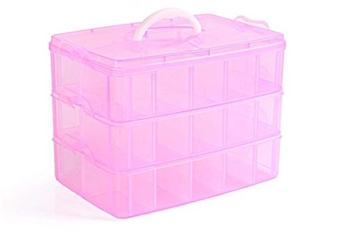 MINGHU 3-Tier Transparent Stackable Adjustable Compartment Slot Plastic Craft Storage Box Organizer Snap-Lock Tray Container 3 Sizes 4 Candy Colors Available (Extre Large 30 Compartment, Red)