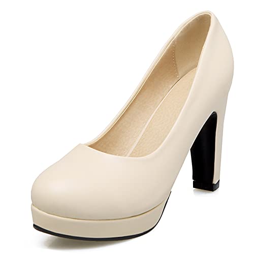 Damen Blockieren Fersenpumps, Höhe Ferse Pumpe Runde Zehen Ohne Verschluss Kleid Pumps mit Plateau Mode Ibkrgo Beige Gr 33 EU