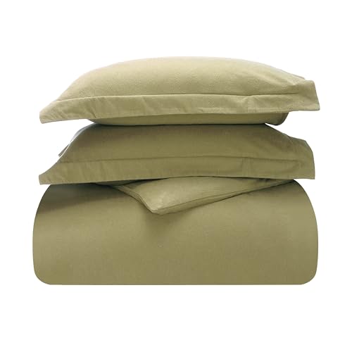 Image of Superior Rome Flannel Cotton Duvet Set, Soft Brushed Duvet Cover, Modern Farmhouse Bedding, Basics, Comforter or Duvet Insert Cover, Includes; Duvet Cover, Pillow Sham, Twin, Solid Sage