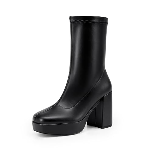 DREAM PAIRS Women's Mid Calf Gogo Boots Platform High Chunky Block Heel Square Toe Ankle Boots,Size 8,BLACK-PU,SDMB2410W