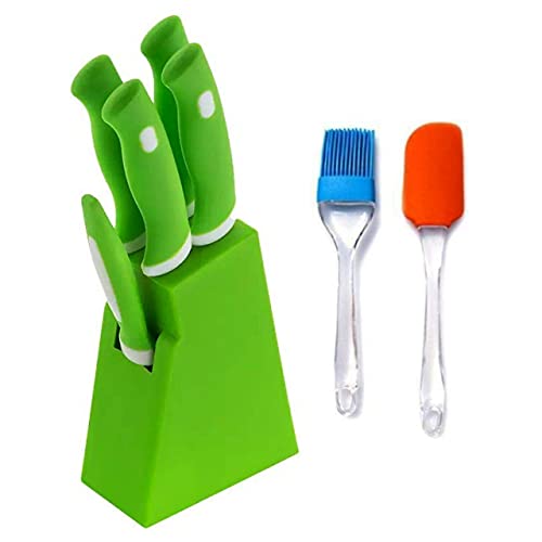 JIG’sMART Knife Set for Kitchen with Stand 5-Pieces Knife + 1 Stand (Plastic) + 4 Knife + 1 Peeler Kitchen Knife Set with Free Spatula & Oil Brush Set for Home (Green)