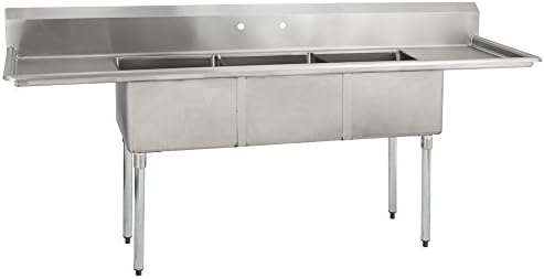 Fenix Sol 18G-3C18X24-224 Three Compartment Stainless Steel Sink, Bowl: 18"L x 24"W x 12"D, Overall Size: 102"L x 29.8"W x 43"H, 2 x 24" Drainboards, Galv Legs, NSF Certified