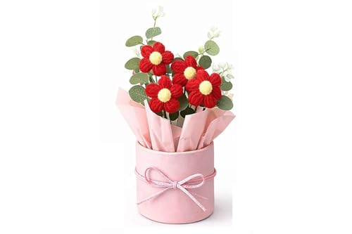 Image of Raggle Red Artificial Flower Crochet Flower Bouquet /Artificial Flowers Bunch /Crochet Flowers Bouquet /Crochet Flowers /Flowers Bouquet Gift for Girls Home Decor (1, Red)