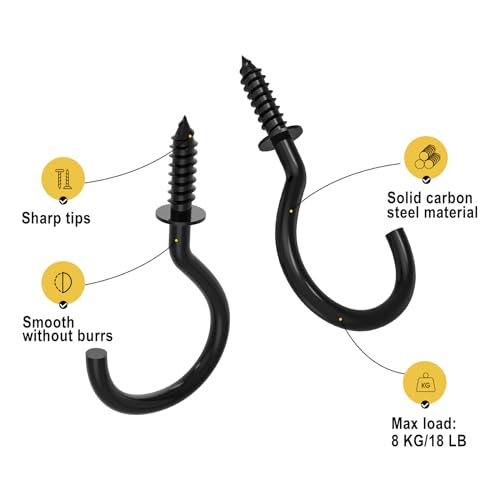 Relbro 1 INCH BLACK CUP HOOKS 100 Pcs Screw Hooks, 1 Inch Metal Cup Hooks Screw In Mug Hooks Heavy Duty Screw Wood Wall Ceiling Hooks Plant Hooks Indoor Outdoor thumb #3