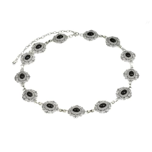 Rosemarie & Jubalee Cowgirl Chic Statement Western Burnished Silver Tone Conchos On Link Body Waist Chain Belt (Black Howlite Stone Centers 34
