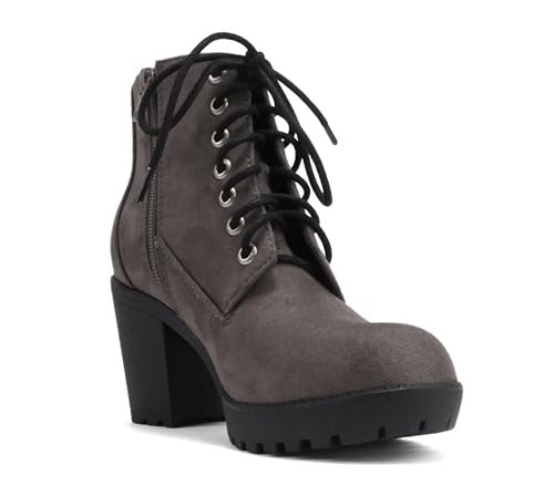 Image of Soda Second Lug Sole Chunky Heel Combat Ankle Bootie Lace up w /Side Zipper | Casual Boots