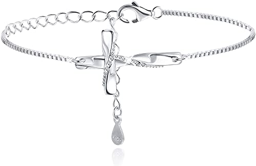 CASSIECA Argent Sterling 925 Bracelets Croix pour Femmes Dieu Foi Cchrétienne Zircone Cbique Bracelet Infinity Réglable Cadeau de Bijoux Religieux