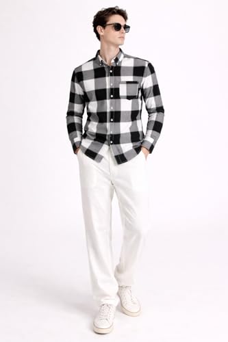 Image of FALCONWEAR Men's Cotton Checkered Casual Shirt Black and White Buffalo Plaid Button Down Full Sleeve Regular Fit Stylish for Boys and Men