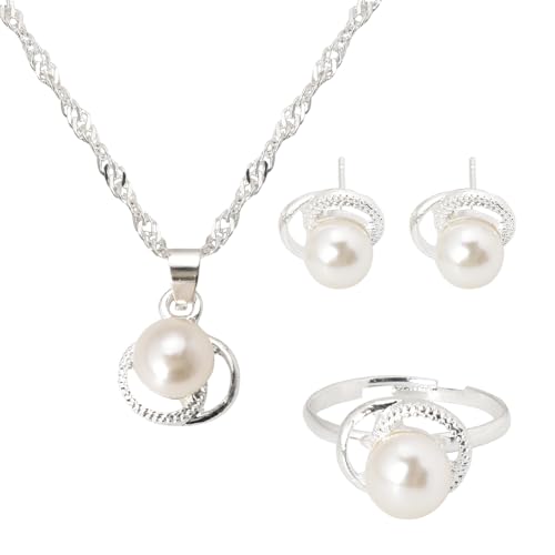 Kilener Pearl Necklace and Earrings Set for Women Bridal Necklaces for Wedding Pearl Ring Earrings for Brides Bridesmaids Wedding Accessories for Women Birthday Mothers Day Gift, Small, silver