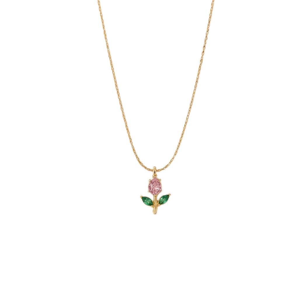Pink and Green Mini Tulip Pendant Necklace for Women with Pink Crystal, Floral Charm Chain Stainless Steel Anti Tarnish Waterproof Hypoallergenic, Gift for Her