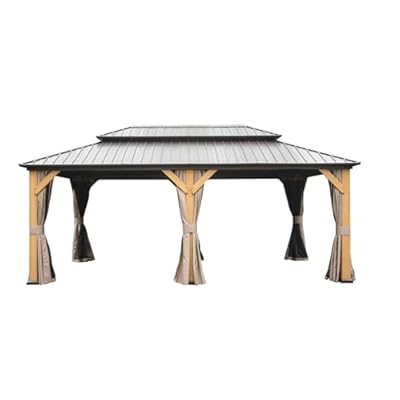 FEMICON 12'x20' Hardtop Gazebo with Cedar Wood Frame and Galvanized Steel Double Roof, Permanent Outdoor Pavilion, Brown