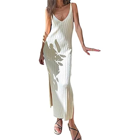 VILAGRAH Women Knitted Slip Dress Sleeveless Deep V Neck Side Split Midi Dresses Ribbed Knit Long Maxi Dress Ladies (C White Cami, Medium) Cover