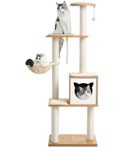 Made4Pets Cat Tree, Modern Cat Tree Tower for Indoor Cats - 65' Tall Wood Condo with Hammock, Scratching Post and Removable Pads for Small Large Cats, Beige